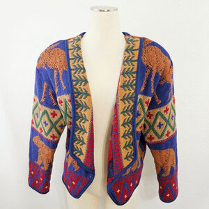 Vintage Kokopelli knit blazer sweater jacket bear moose forest camping small